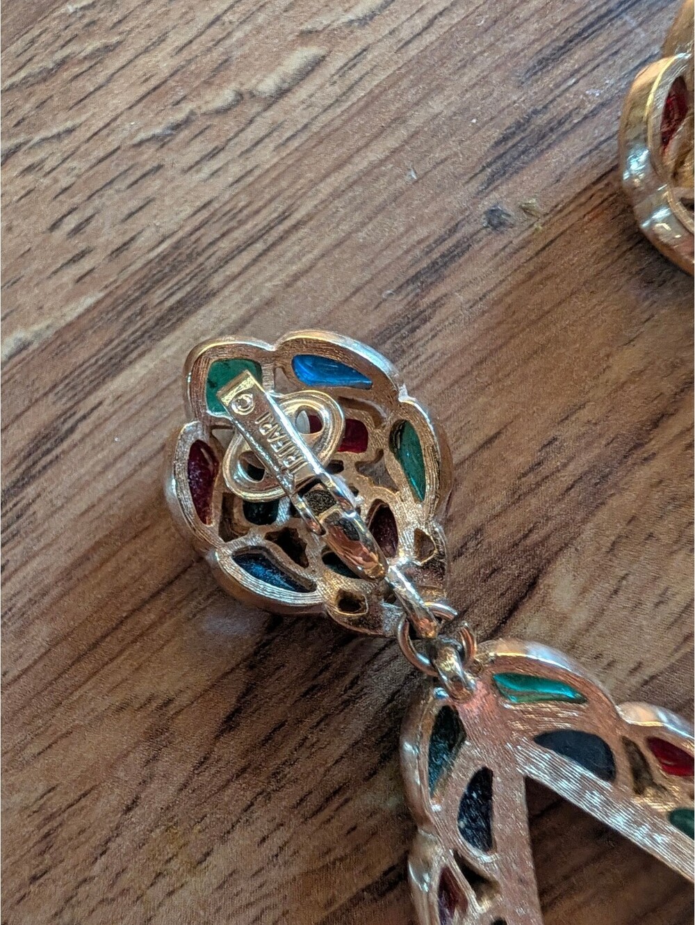 Trifari Colorful Teardrop Clip-On Earrings Multi-Colored Stained Glass Style - Picture 4 of 7